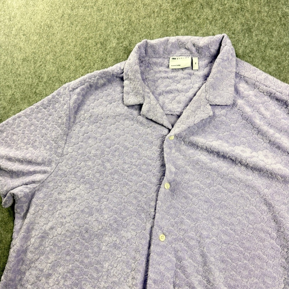 ASOS DESIGN Mens 2XL Lilac Towelling Textured Revere Collar Shirt Short Sleeve - Picture 9 of 10